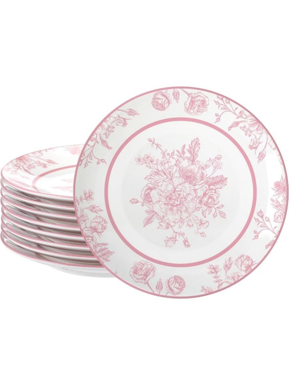 8 Pcs Pink Floral Ceramic Salad Plates Set - Chinoiserie Round Dinnerware, 8